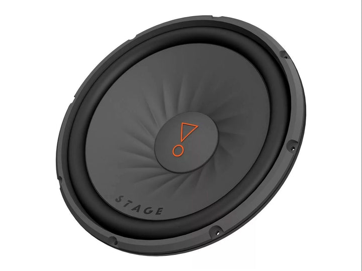 Subwoofer JBL Stage de 12 pulgadas en color negro con detalles naranjas en el centro y forma circular.