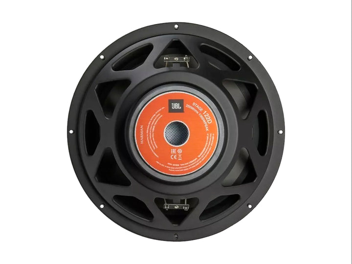 Subwoofer JBL Stage de 12 pulgadas en color negro con detalles naranjas en el centro y forma circular.