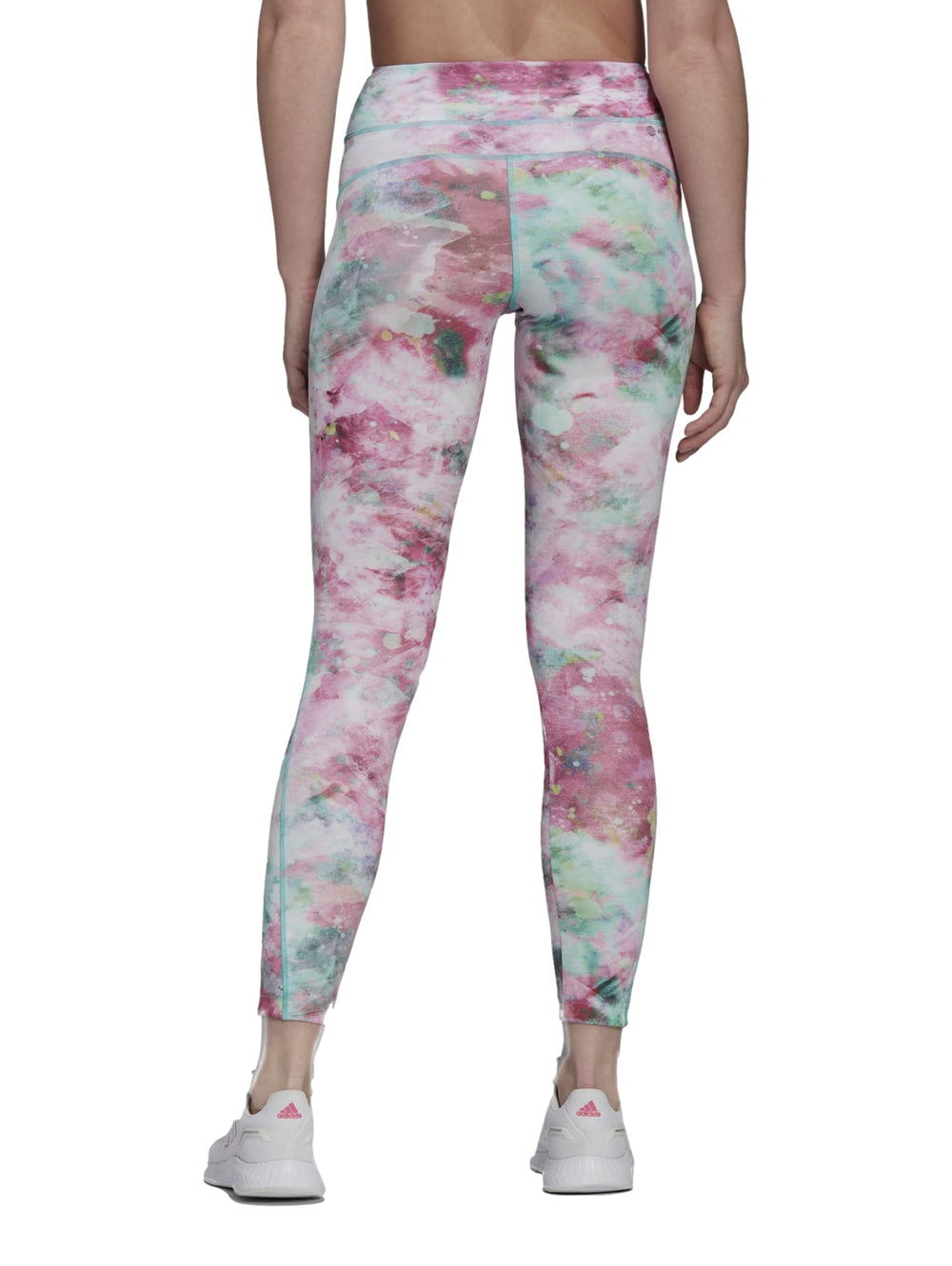 Leggings deportivos Adidas con estampado multicolor en tonos rosa y verde menta.