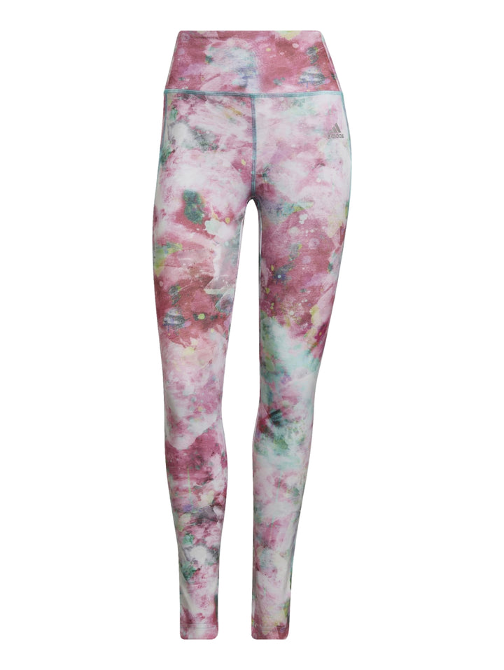 Leggings deportivos Adidas con estampado multicolor en tonos rosa y verde menta.