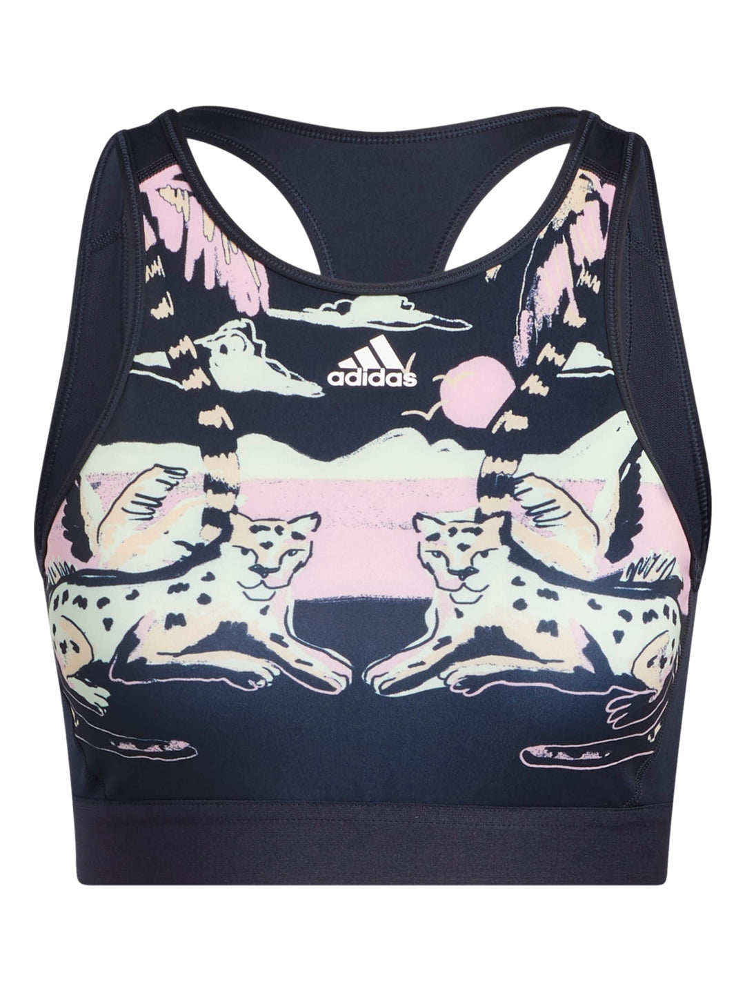 Conjunto deportivo Adidas de dos piezas en color Legend Ink con estampado multicolor de leopardos y figuras geométricas.