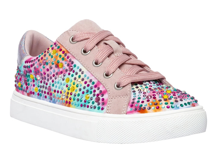 Tenis infantiles Steve Madden color rosa con decoraciones brillantes multicolores y suela blanca.