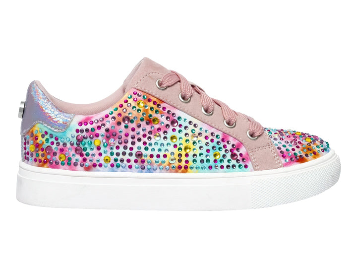 Tenis infantiles Steve Madden color rosa con decoraciones brillantes multicolores y suela blanca.