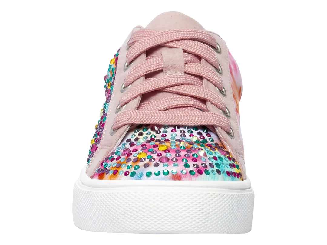 Tenis infantiles Steve Madden color rosa con decoraciones brillantes multicolores y suela blanca.