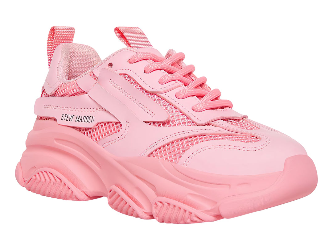 Tenis deportivos chunky para niño o niña en color rosa con suela gruesa y detalles de malla.