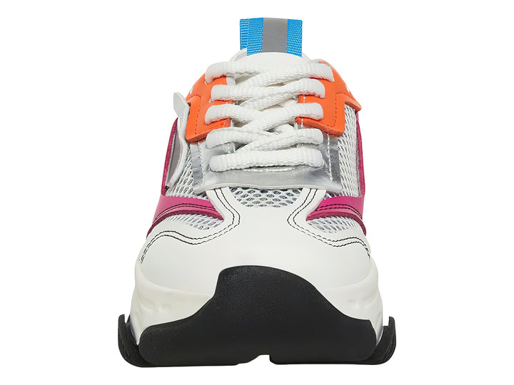 Tenis deportivos Steve Madden para niños en color blanco con detalles multicolores y suela chunky negra.