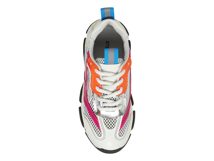 Tenis deportivos Steve Madden para niños en color blanco con detalles multicolores y suela chunky negra.