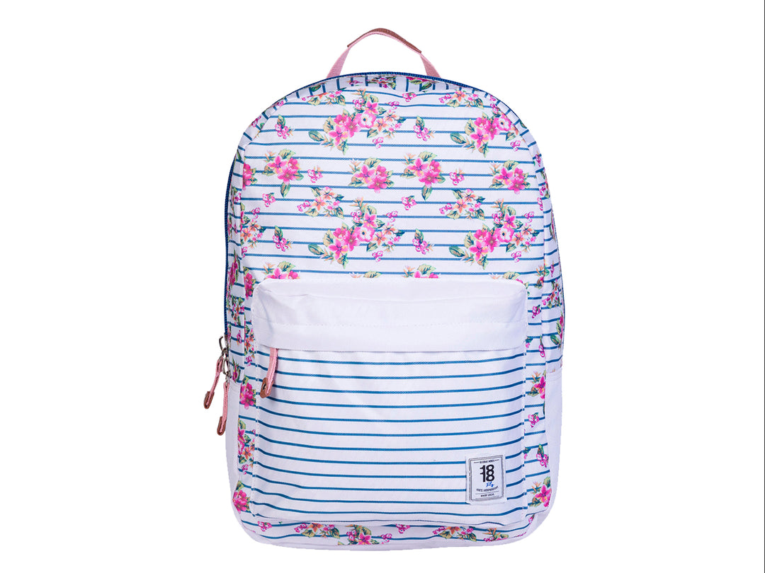 Mochila escolar blanca con diseño de rayas azules y flores rosas.