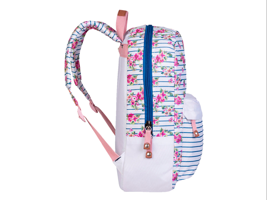 Mochila escolar blanca con diseño de rayas azules y flores rosas.