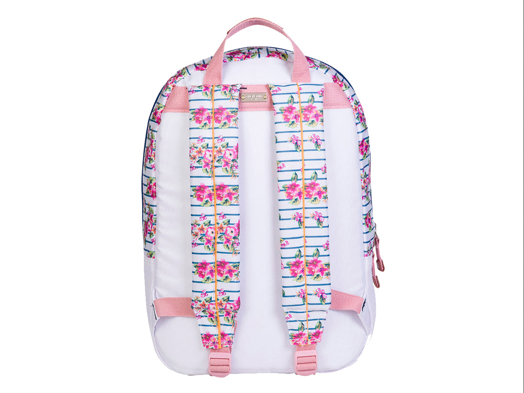 Mochila escolar blanca con diseño de rayas azules y flores rosas.