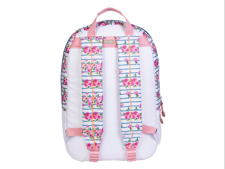 Mochila escolar blanca con diseño de rayas azules y flores rosas.