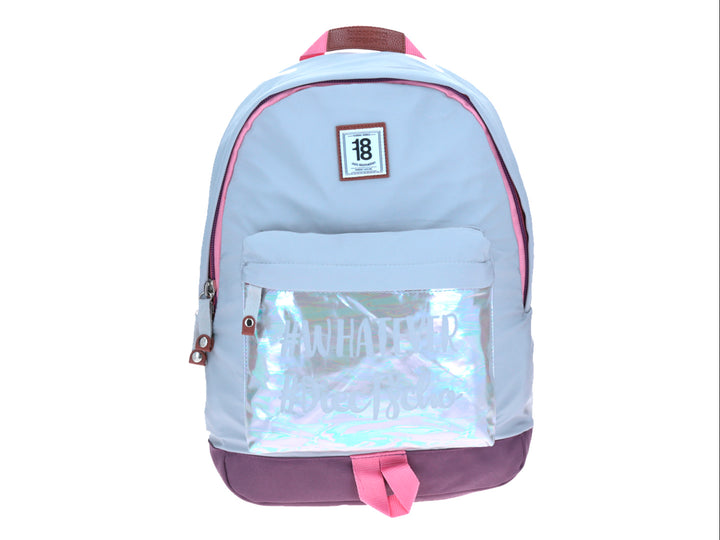 Mochila escolar Chenson color lila con detalles en rosa y un bolsillo frontal transparente.