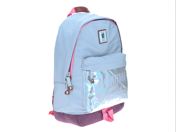 Mochila escolar Chenson color lila con detalles en rosa y un bolsillo frontal transparente.