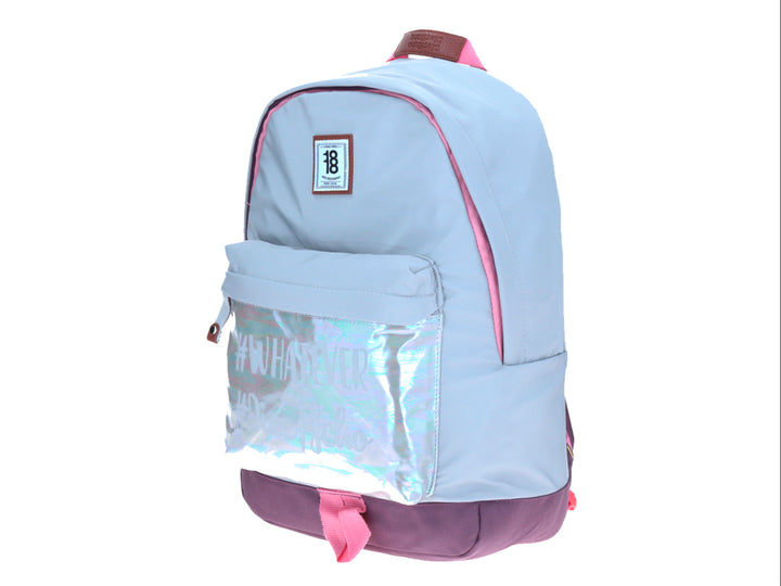 Mochila escolar Chenson color lila con detalles en rosa y un bolsillo frontal transparente.