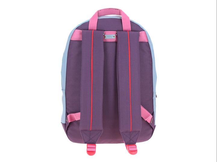 Mochila escolar Chenson color lila con detalles en rosa y un bolsillo frontal transparente.