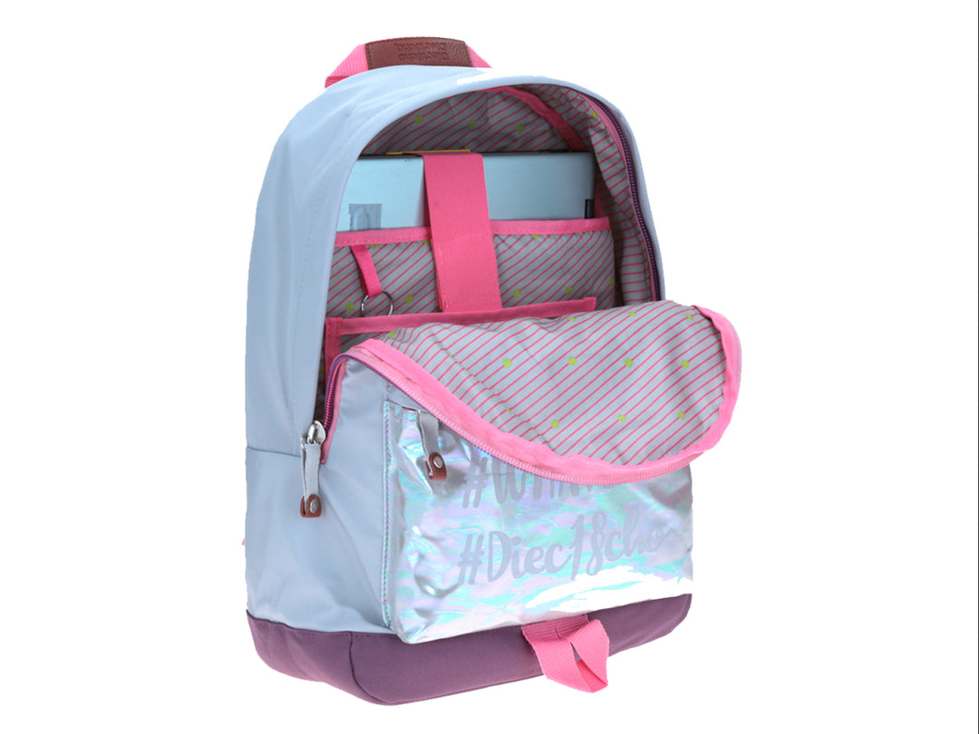 Mochila escolar Chenson color lila con detalles en rosa y un bolsillo frontal transparente.