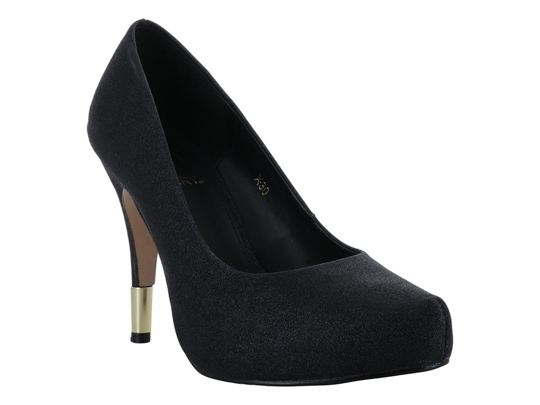 Zapato de tacón alto color negro con un detalle dorado en la base del tacón, estilo elegante para mujer.