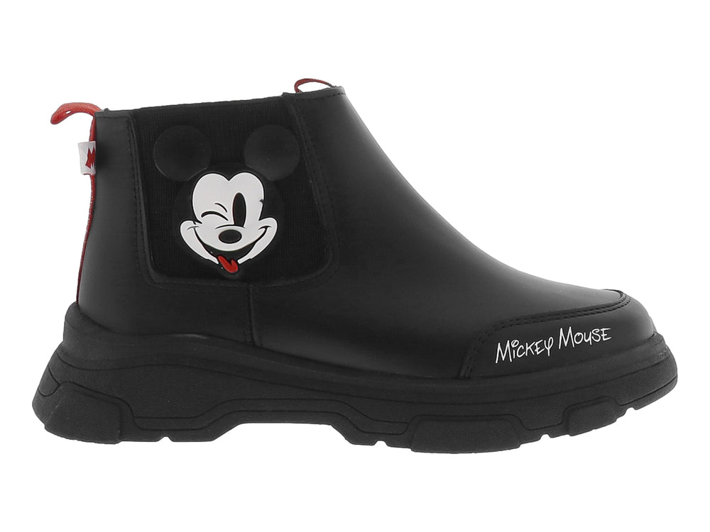 Botín negro infantil con diseño de Mickey Mouse y tira roja en el talón.