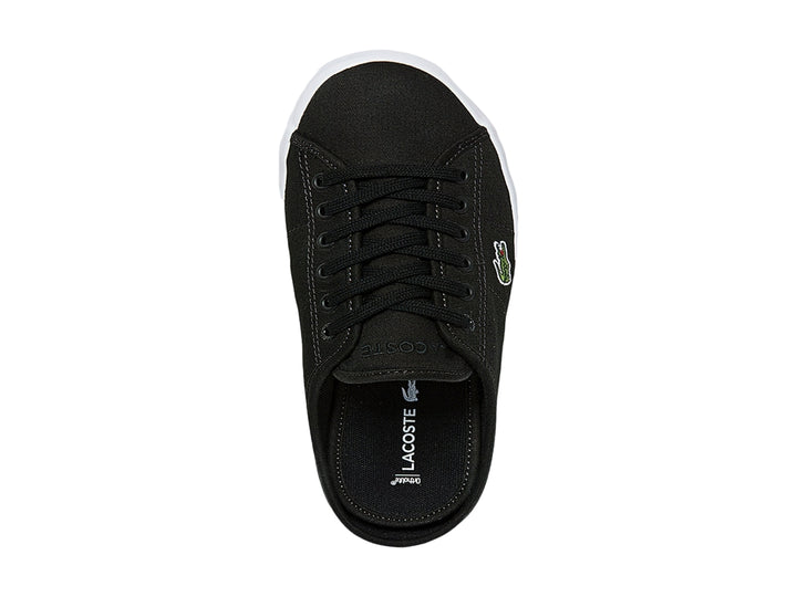 Zapato mule Lacoste negro con suela blanca y logo lateral.
