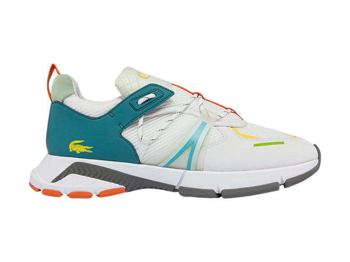 Tenis deportivos Lacoste blancos con detalles en azul turquesa y naranja sobre suela gris.