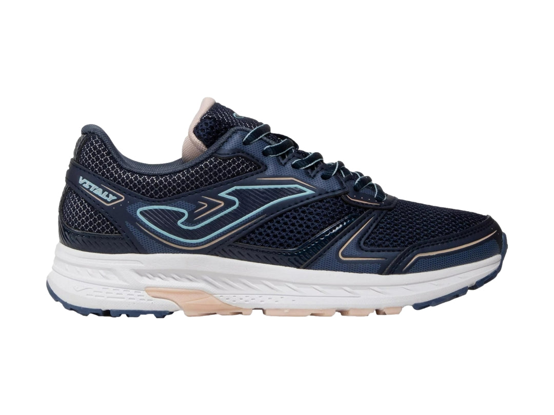 Tenis deportivos Joma color azul marino con detalles en rosa y suela blanca.