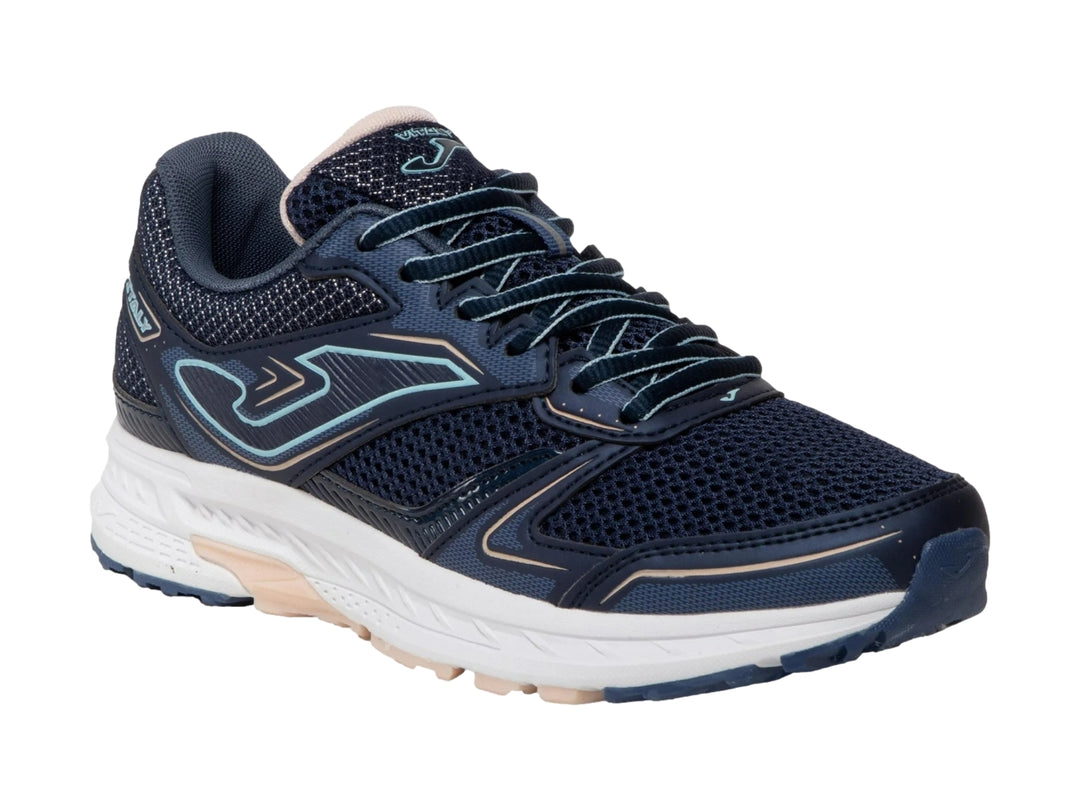 Tenis deportivos Joma color azul marino con detalles en rosa y suela blanca.