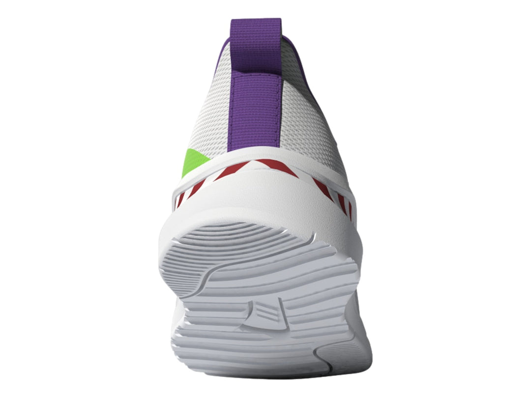 Tenis Adidas blancos con detalles en verde, morado y rayas rojas en la suela.