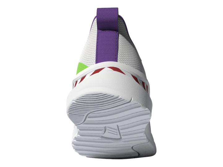 Tenis Adidas blancos con detalles en verde, morado y rayas rojas en la suela.