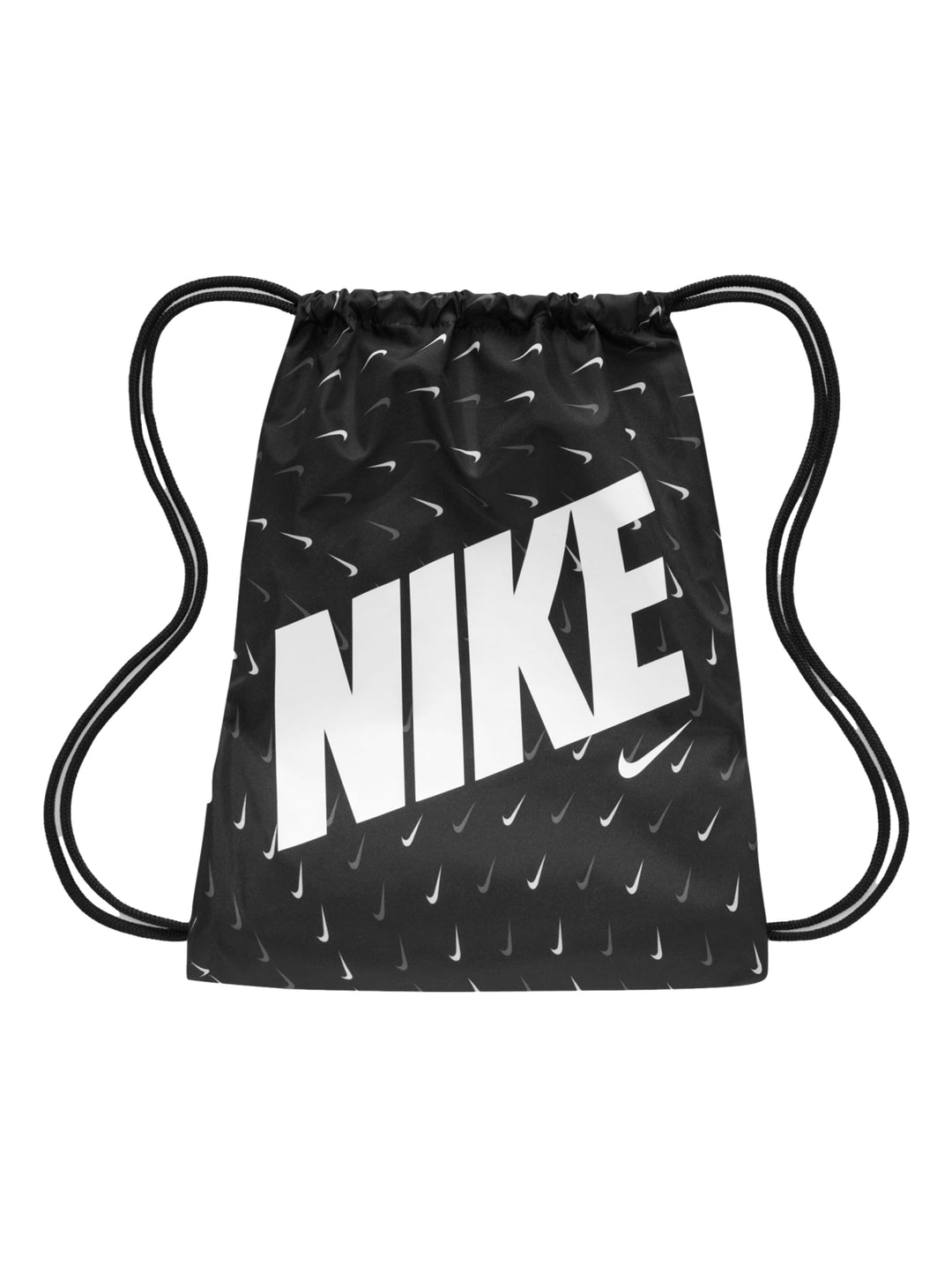 Bolsa de cordones Nike negra con texto NIKE en blanco y estampado de swooshes.