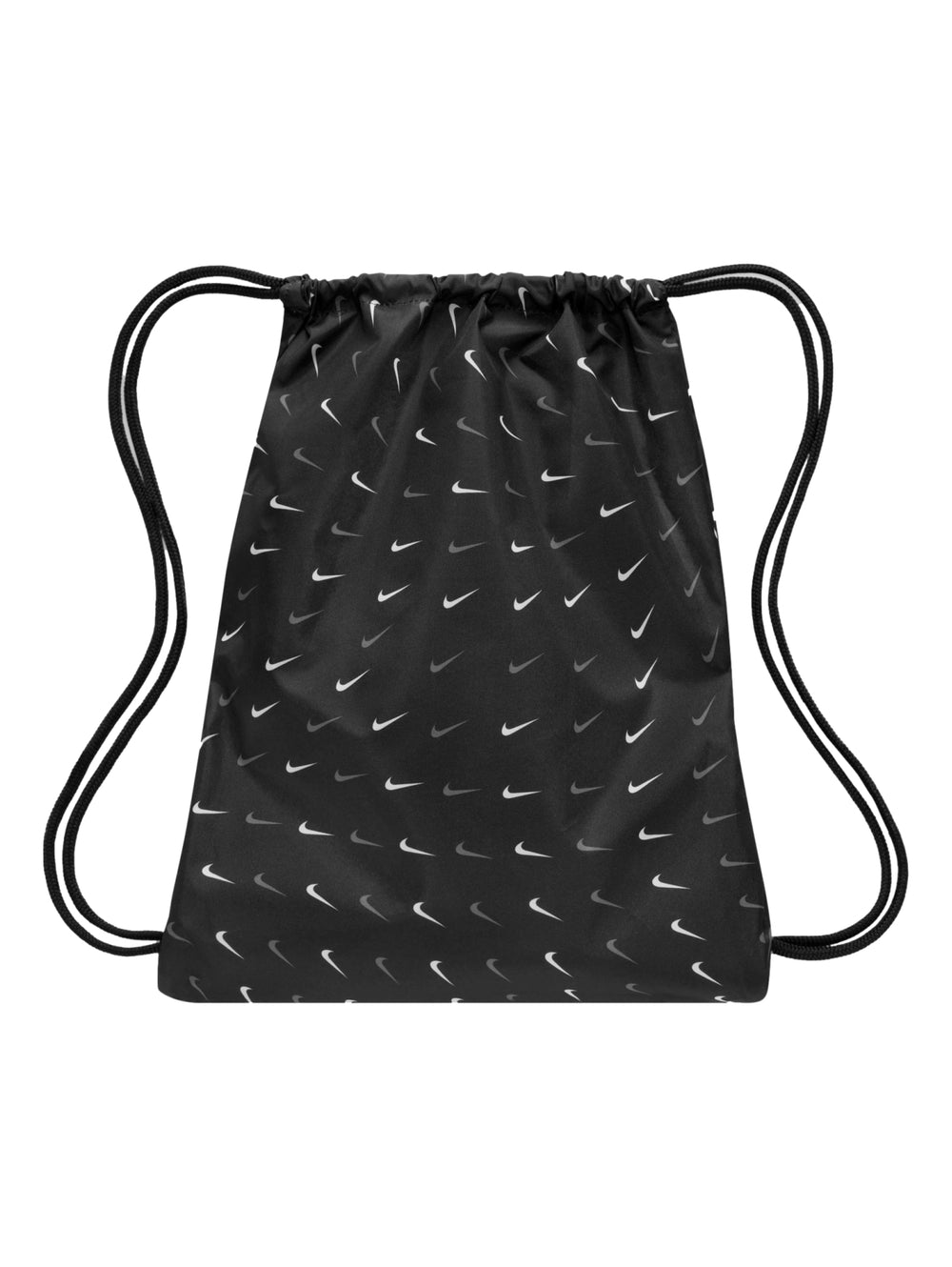 Bolsa de cordones Nike negra con texto NIKE en blanco y estampado de swooshes.