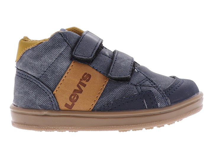 Zapato casual para bebé de color azul mezclilla con cierres de velcro y suela color beige.