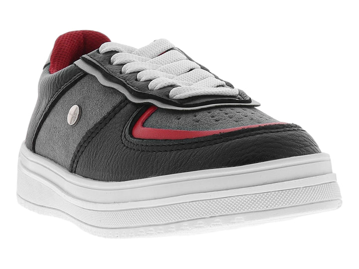 Tenis infantiles Chabelo color negro con suela y cordones blancos y detalles en rojo.
