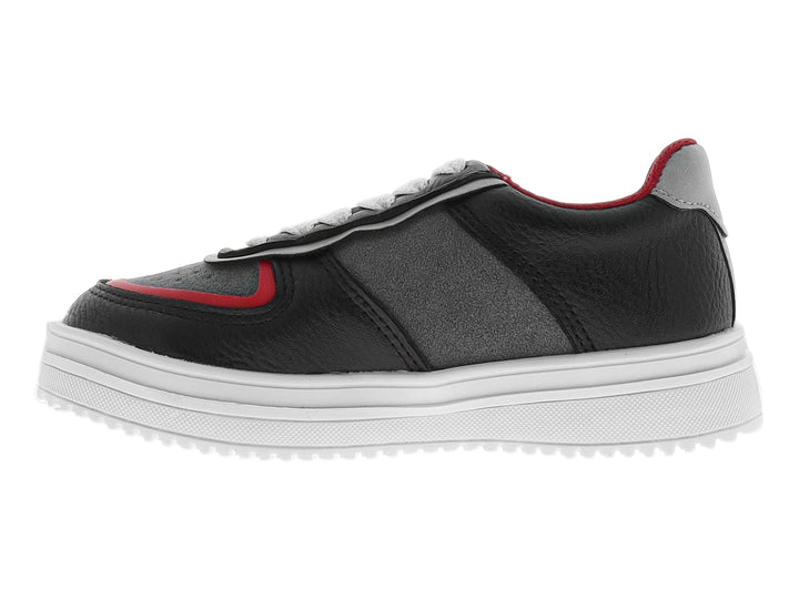 Tenis infantiles Chabelo color negro con suela y cordones blancos y detalles en rojo.
