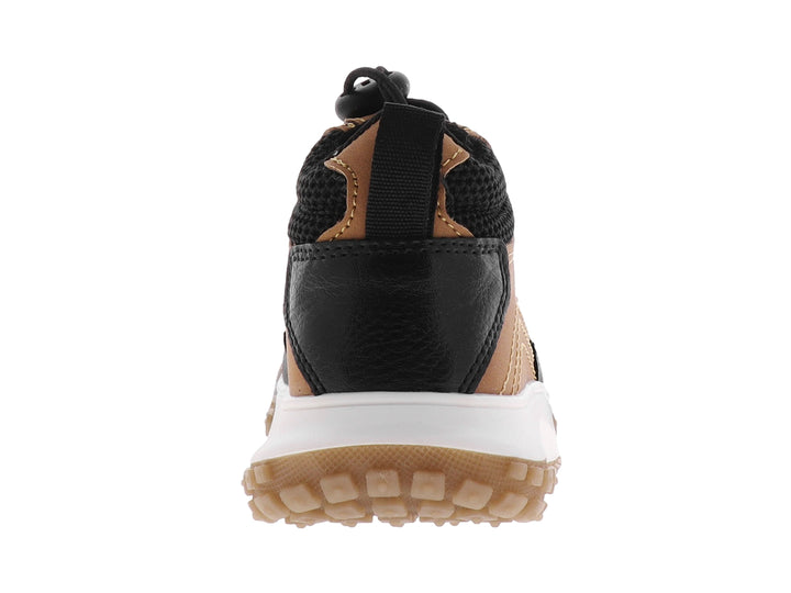 Bota infantil Chabelo color café y negro con suela blanca y beige.