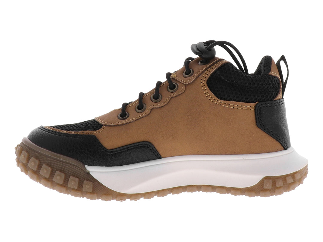 Bota infantil Chabelo color café y negro con suela blanca y beige.