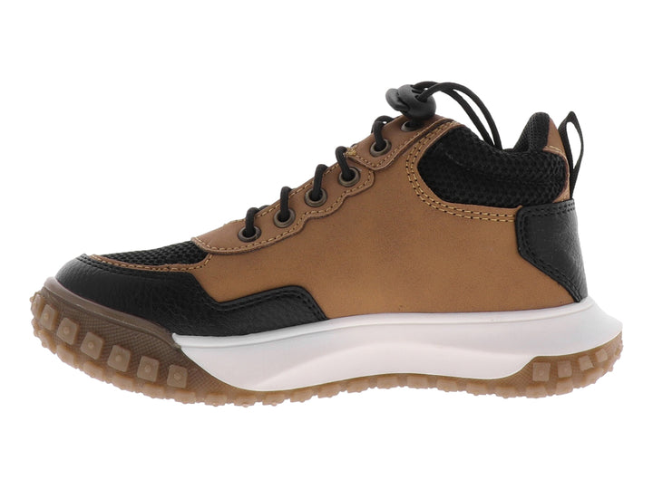 Bota infantil Chabelo color café y negro con suela blanca y beige.