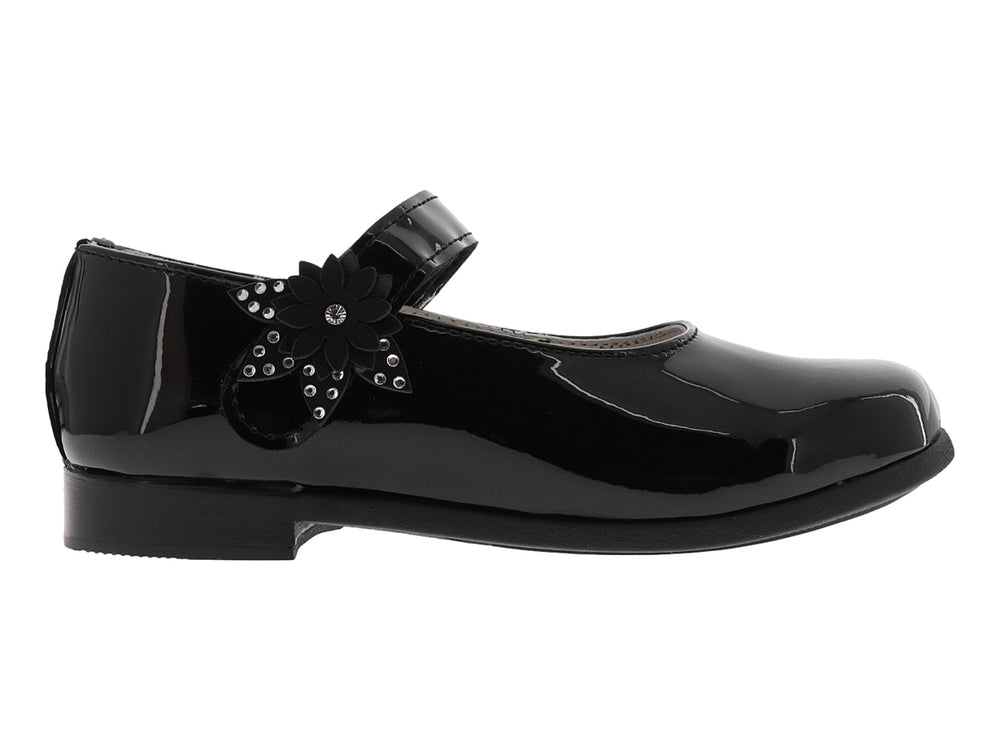 Zapato plano de charol negro para niña con correa y detalle de flor con brillantes en el lateral.
