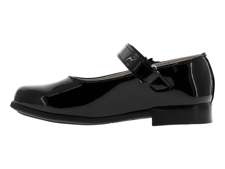Zapato plano de charol negro para niña con correa y detalle de flor con brillantes en el lateral.