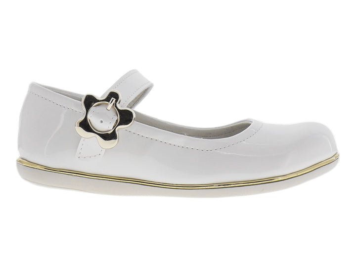 Zapato plano blanco brillante para niña con moño y detalle dorado en la suela y correa.