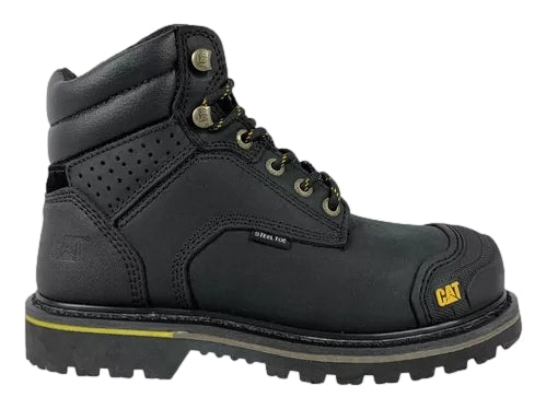 Bota de seguridad Caterpillar de cuero negro con detalles en amarillo y punta de acero.