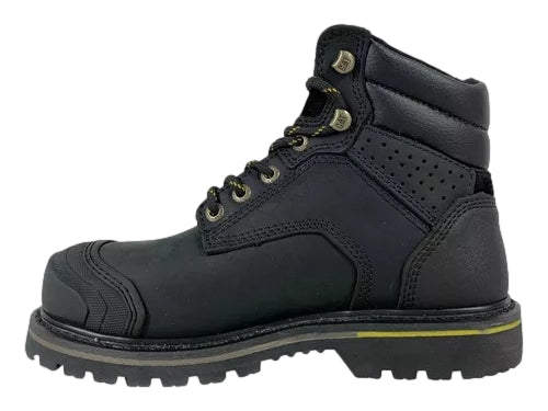 Bota de seguridad Caterpillar de cuero negro con detalles en amarillo y punta de acero.