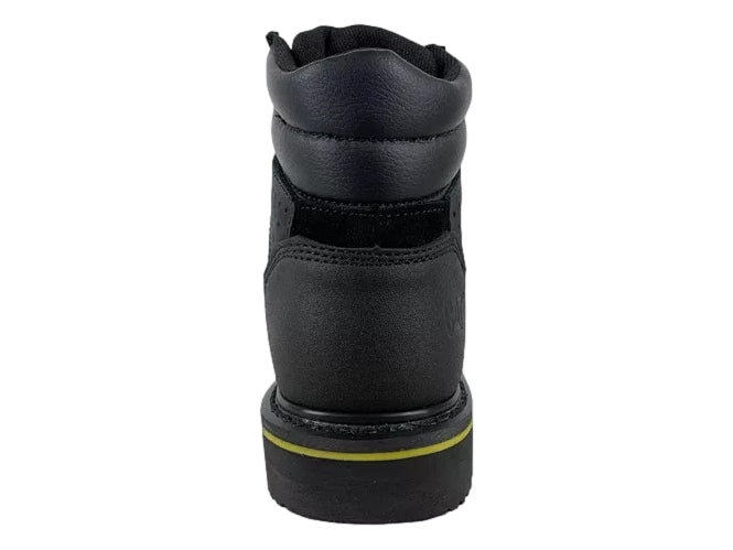 Bota de seguridad Caterpillar de cuero negro con detalles en amarillo y punta de acero.