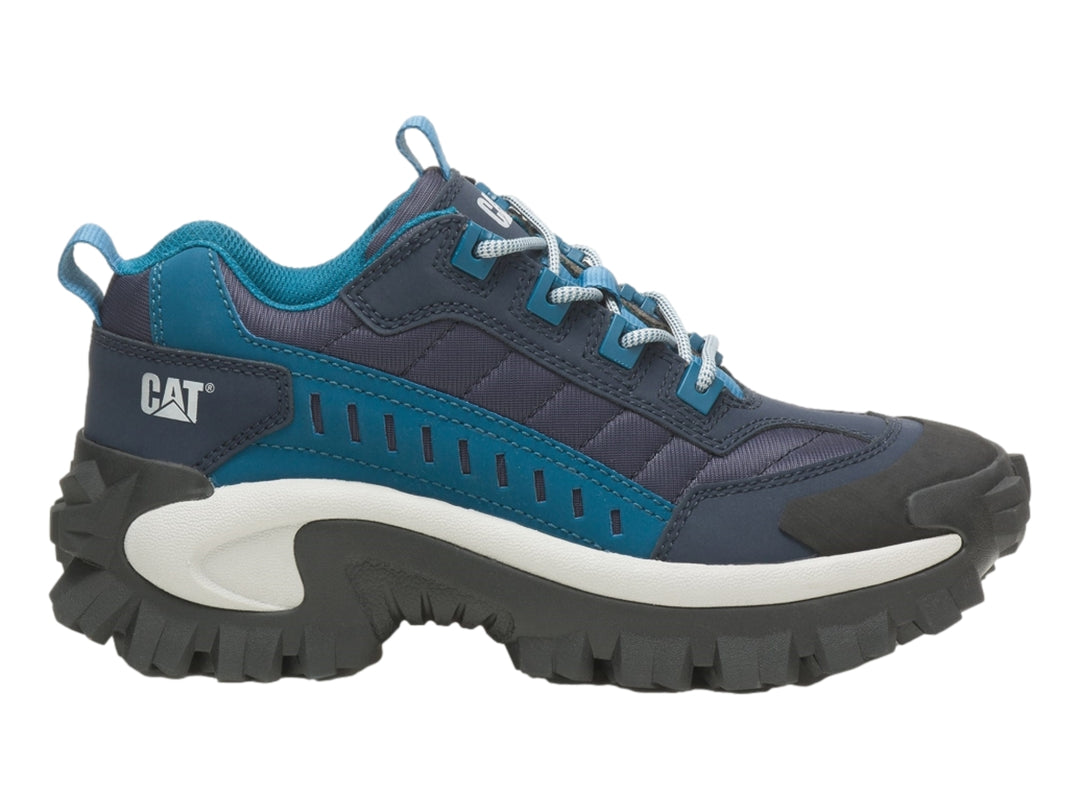 Tenis Caterpillar deportivos en color azul y gris oscuro con suela blanca y negra robusta.