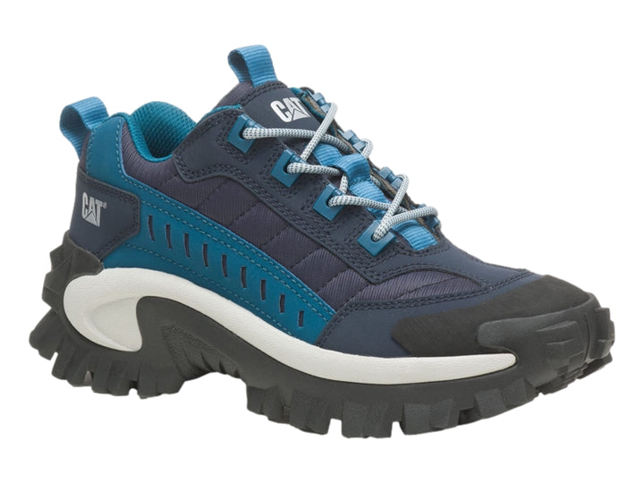 Tenis Caterpillar deportivos en color azul y gris oscuro con suela blanca y negra robusta.