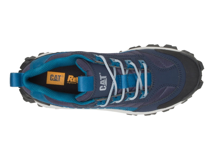 Tenis Caterpillar deportivos en color azul y gris oscuro con suela blanca y negra robusta.