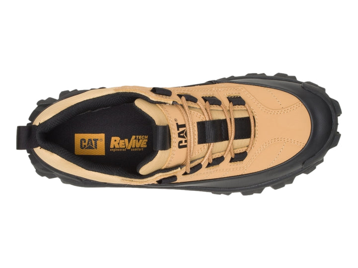 Zapato deportivo Caterpillar en color negro y taffy con suela gruesa y resistente.
