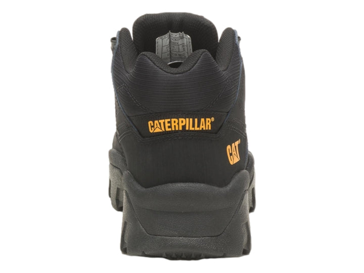 Bota de excursionismo Caterpillar color negro con suela robusta y logotipo CAT en amarillo.