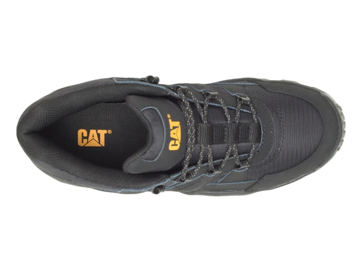 Bota de excursionismo Caterpillar color negro con suela robusta y logotipo CAT en amarillo.