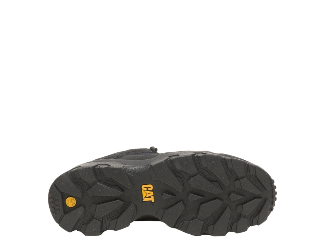 Bota de excursionismo Caterpillar color negro con suela robusta y logotipo CAT en amarillo.