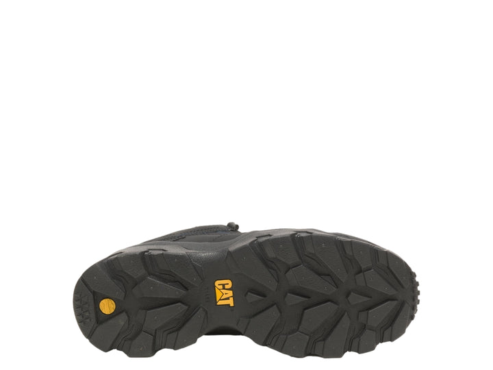 Bota de excursionismo Caterpillar color negro con suela robusta y logotipo CAT en amarillo.